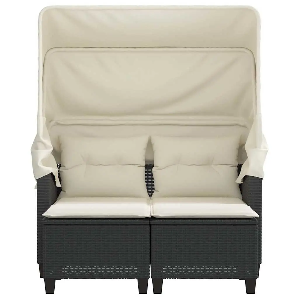 Outdoor Garden Sofa 2-Seater with Retractable Canopy and Stools Black Poly