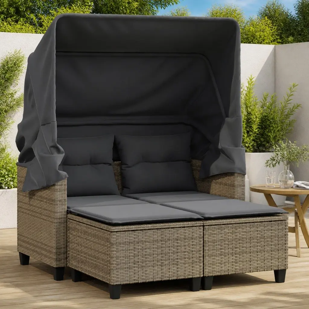 Garden Sofa 2-Seater Outdoor with Canopy Grey Rattan