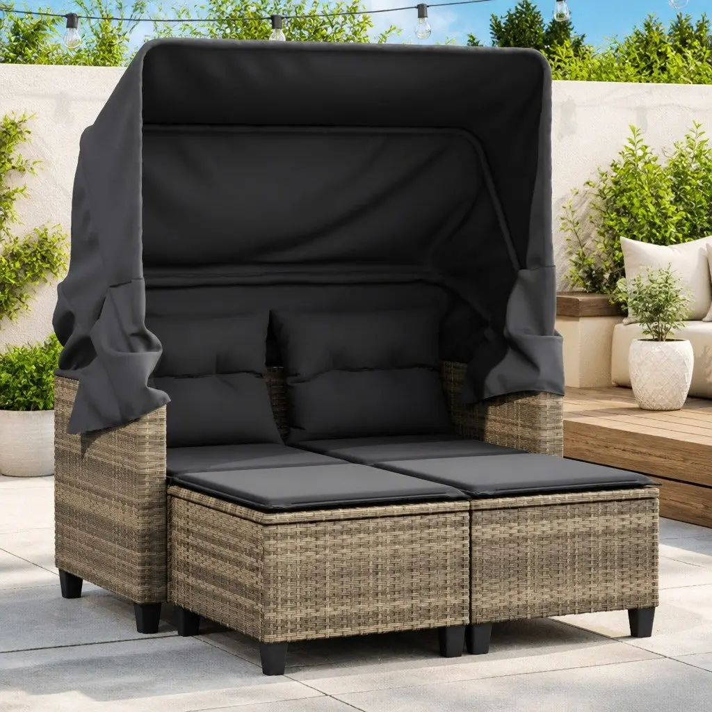 Outdoor Grey Rattan 2-Seater Sofa with Canopy and Stools for Relaxing Garden Patio