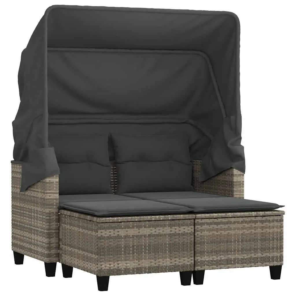 Outdoor Grey Rattan 2-Seater Sofa with Canopy and Stools for Relaxing Garden Patio