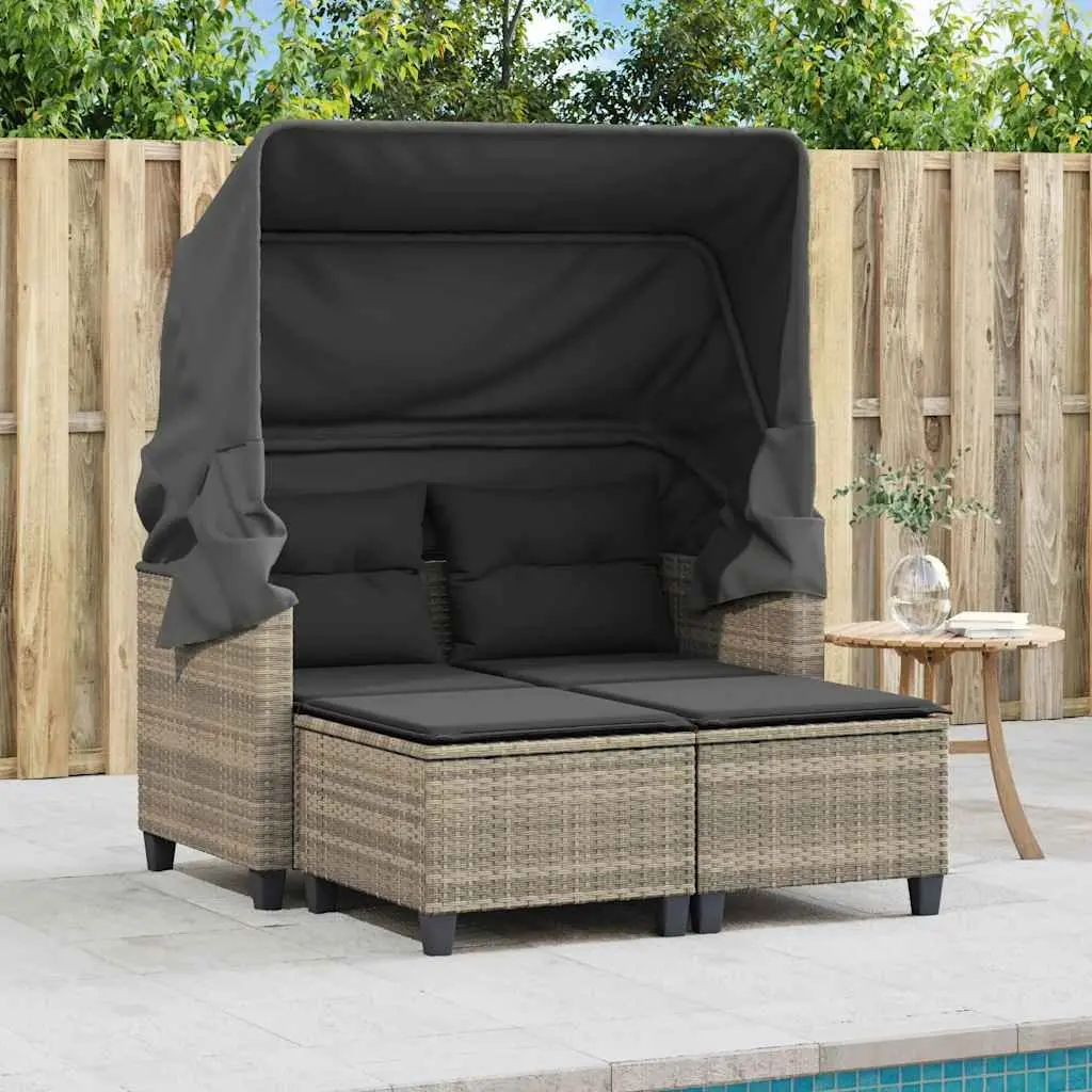 Outdoor Grey Rattan 2-Seater Sofa with Canopy and Stools for Relaxing Garden Patio