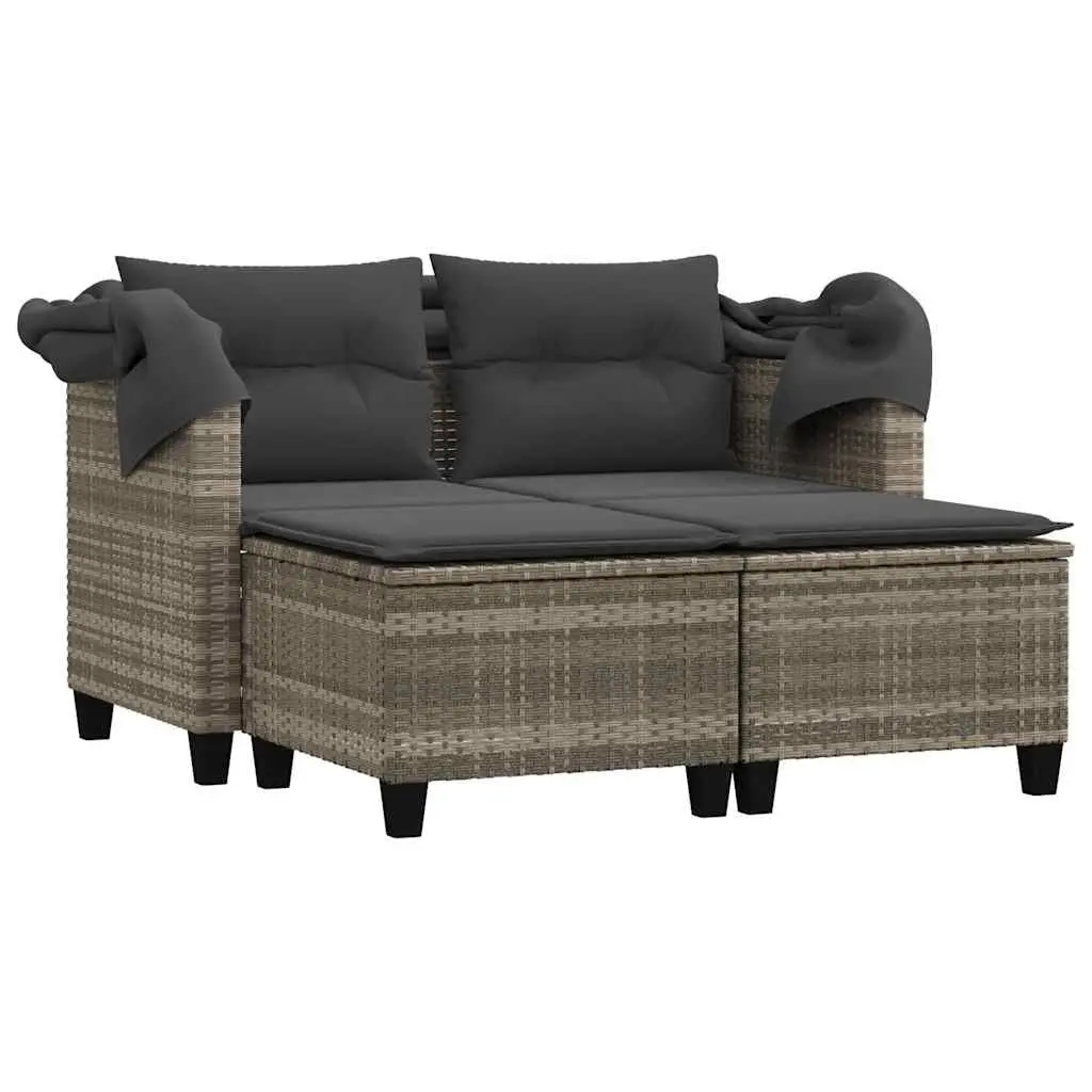 Outdoor Grey Rattan 2-Seater Sofa with Canopy and Stools for Relaxing Garden Patio