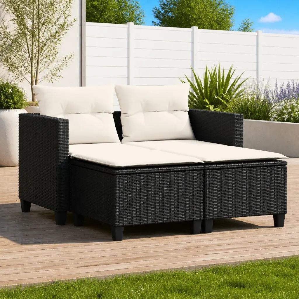 Garden Sofa 2-Seater with Stools Black Poly Rattan Outdoor Patio