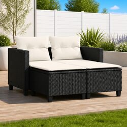 Outdoor 2-Seater Sofa Set with Stools - Black PE Rattan