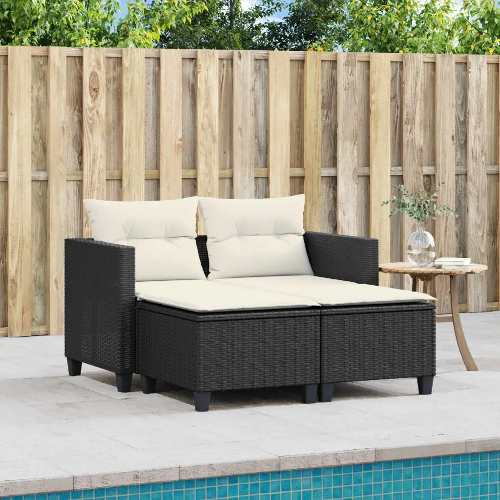 Garden Sofa 2-Seater with Stools Black Poly Rattan Outdoor Patio