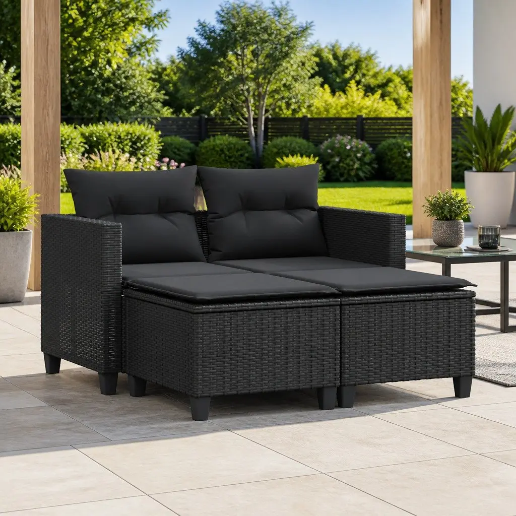 Garden Sofa 2-Seater with Stools Black Outdoor Lounge