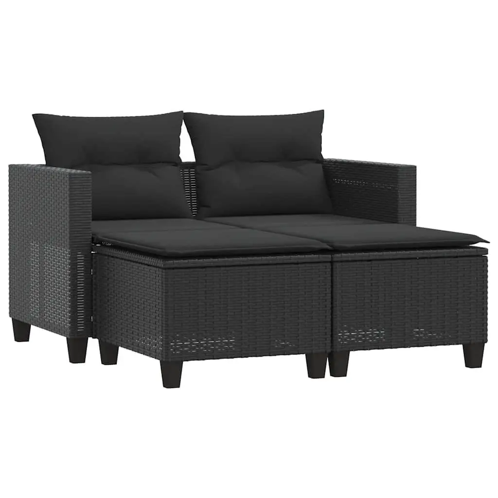 Garden Sofa 2-Seater with Stools Black Outdoor Lounge