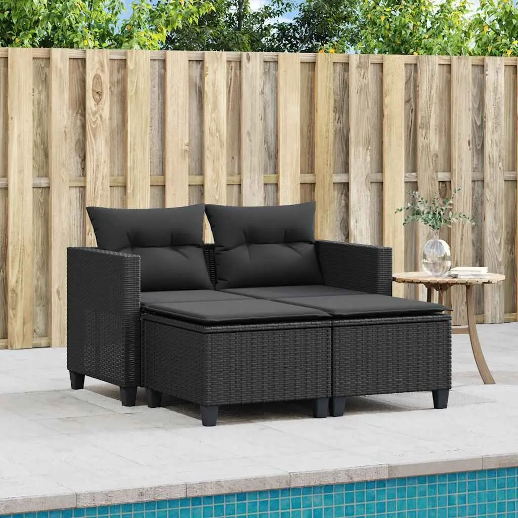 Garden Sofa 2-Seater with Stools Black Outdoor Lounge