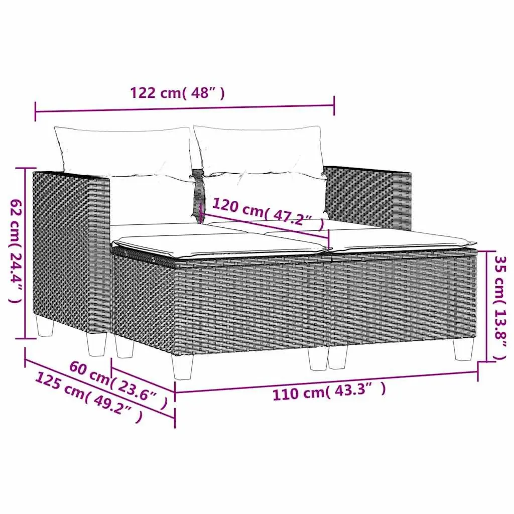 Garden Sofa 2-Seater with Stools Black Outdoor Lounge