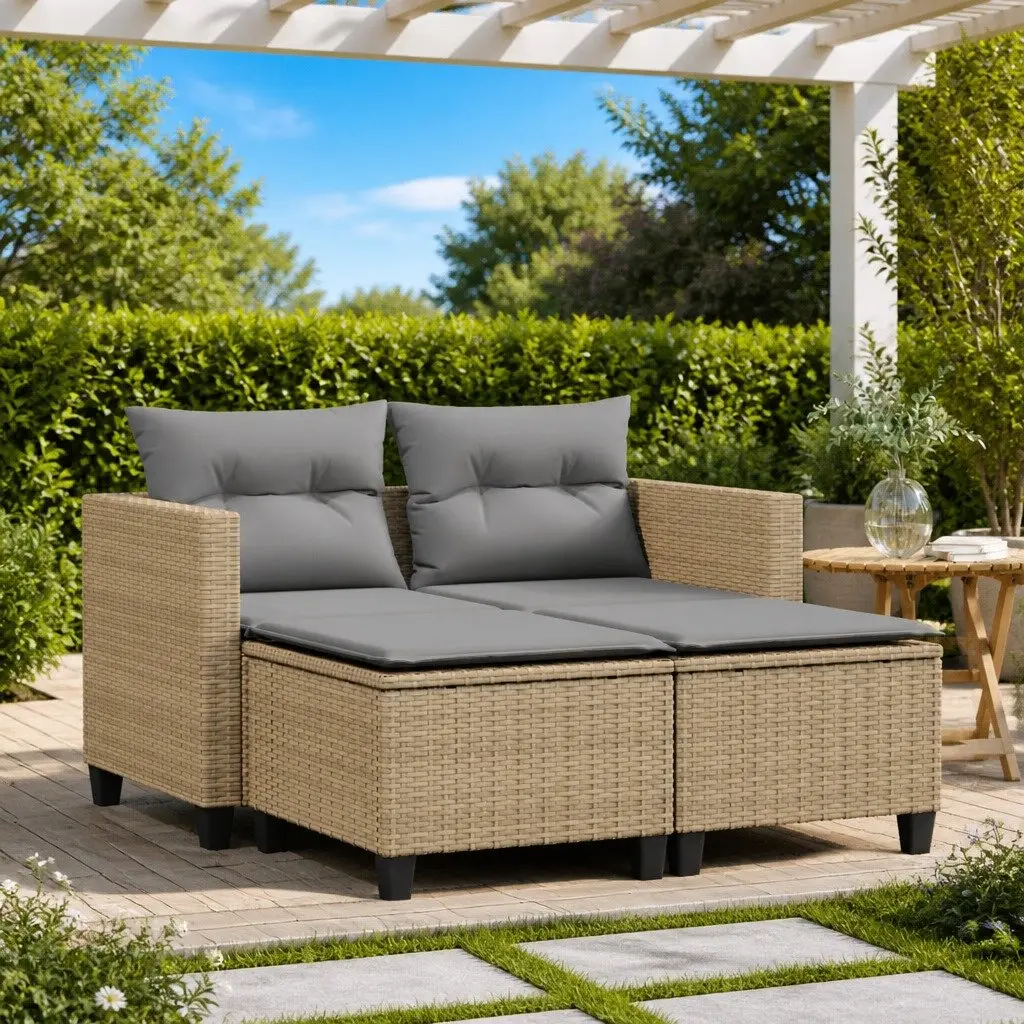 Outdoor 2-Seater Sofa with Stools Beige Poly Rattan Garden Furniture