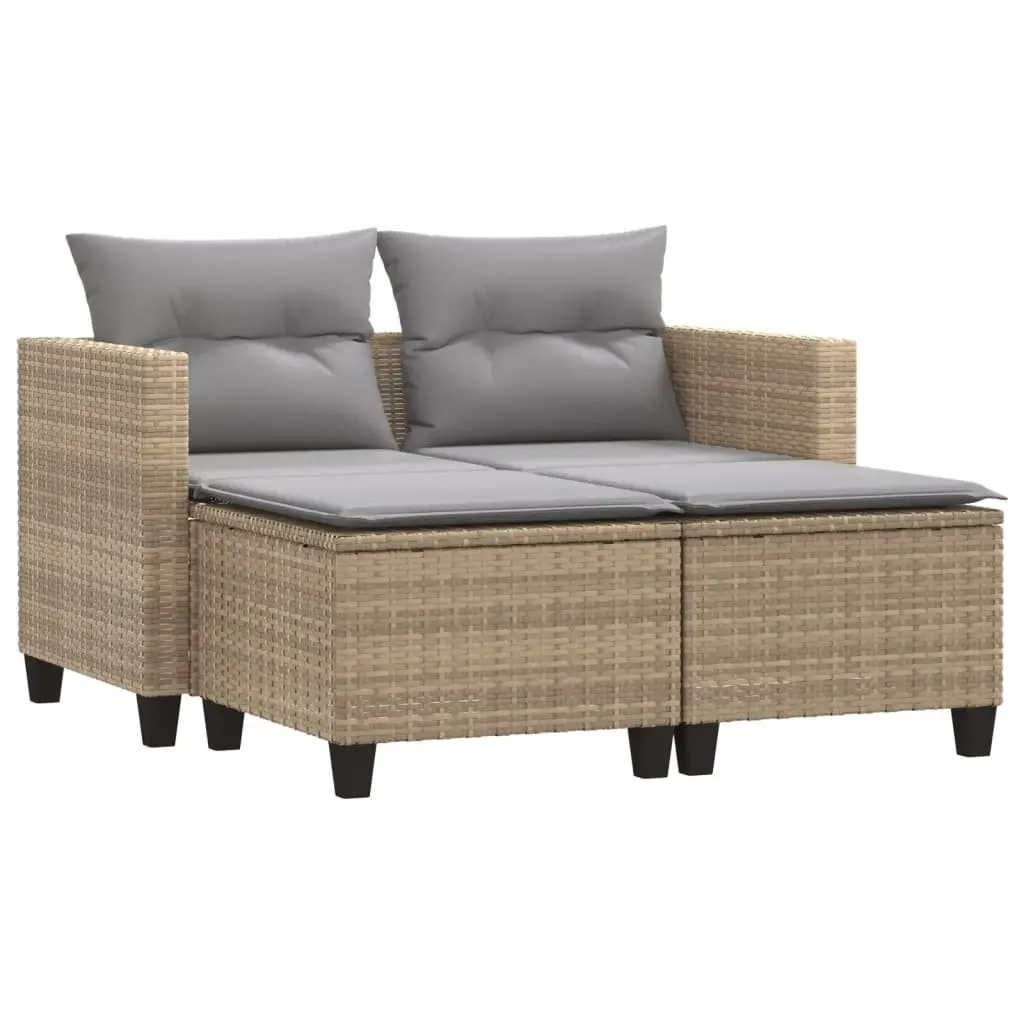 Outdoor 2-Seater Sofa with Stools Beige Poly Rattan Garden Furniture