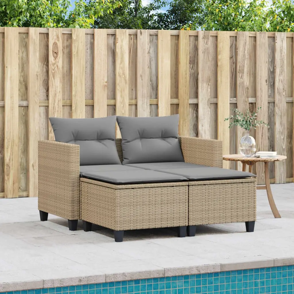 Outdoor 2-Seater Sofa with Stools Beige Poly Rattan Garden Furniture