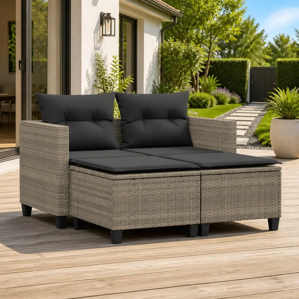 Grey PE Rattan 2-Seater Garden Sofa with Stools