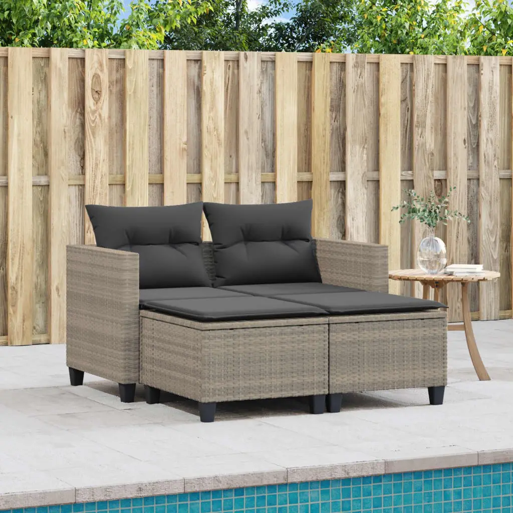 Grey PE Rattan 2-Seater Garden Sofa with Stools