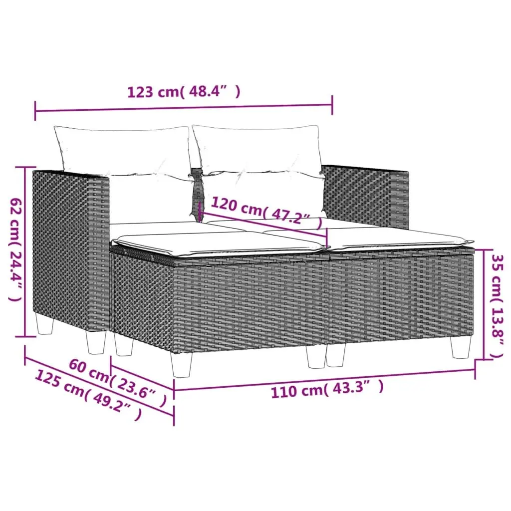 Grey PE Rattan 2-Seater Garden Sofa with Stools