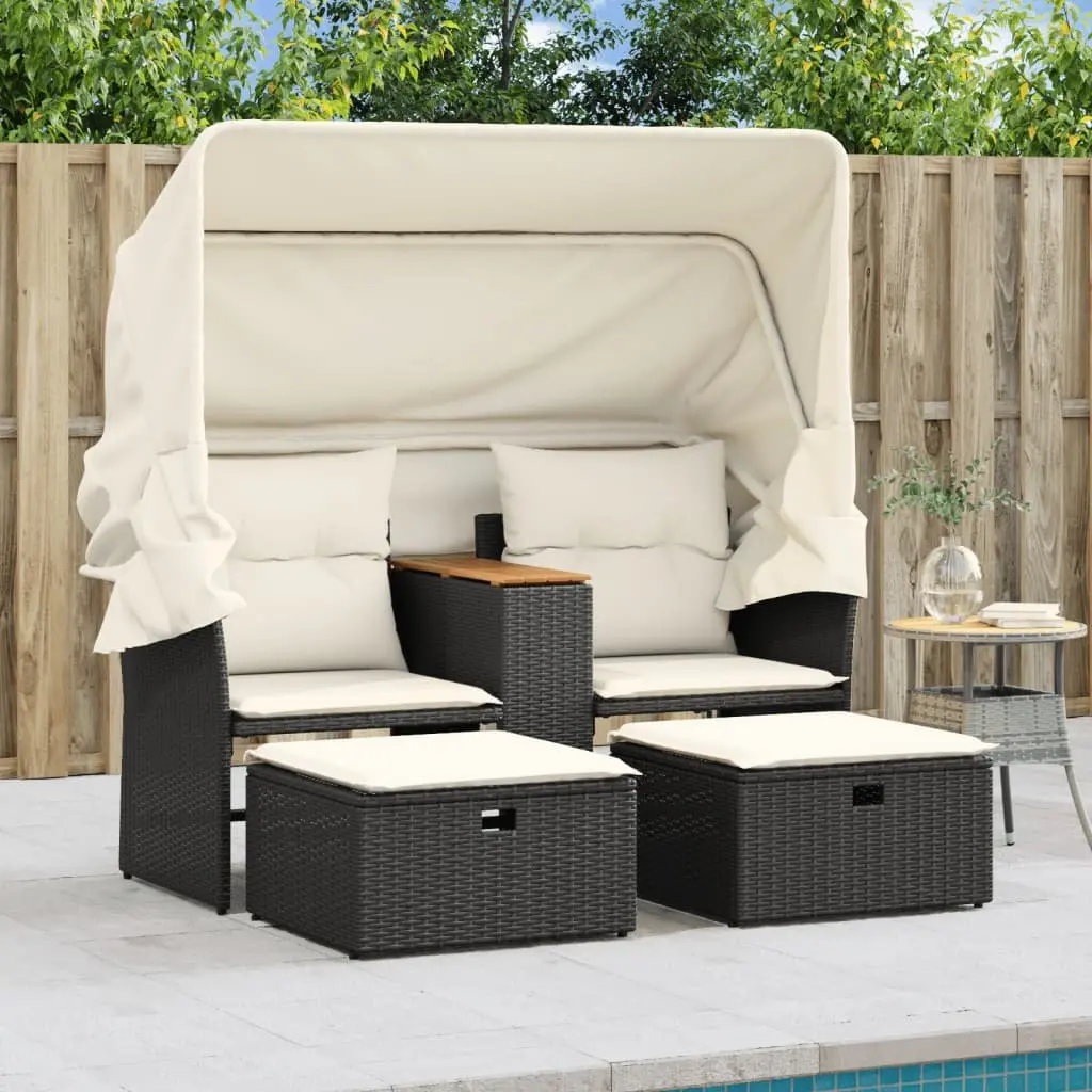 Black 2-Seater Outdoor Sofa with Retractable Canopy