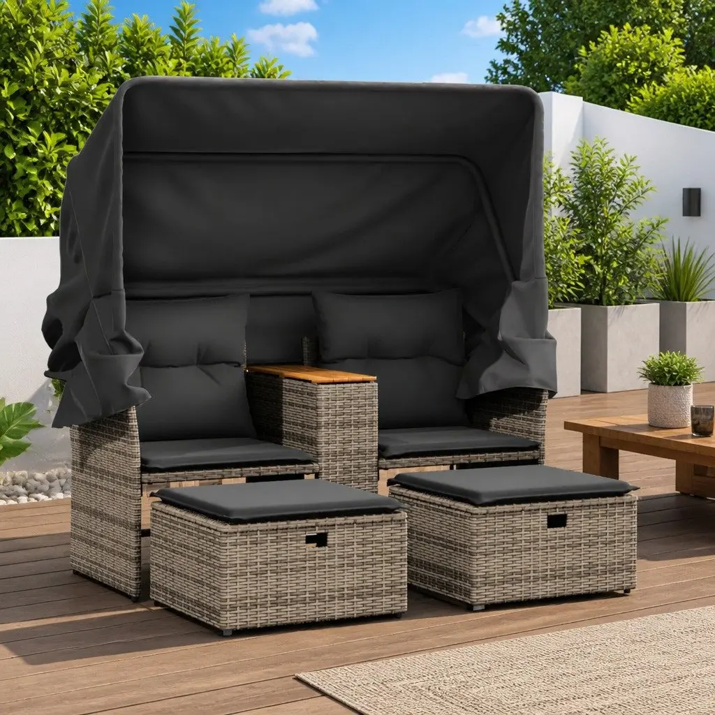 Outdoor 2-Seater Sofa with Canopy and Stools