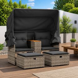 Outdoor Garden Sofa 2-Seater with Retractable Canopy Stools Central Table Grey