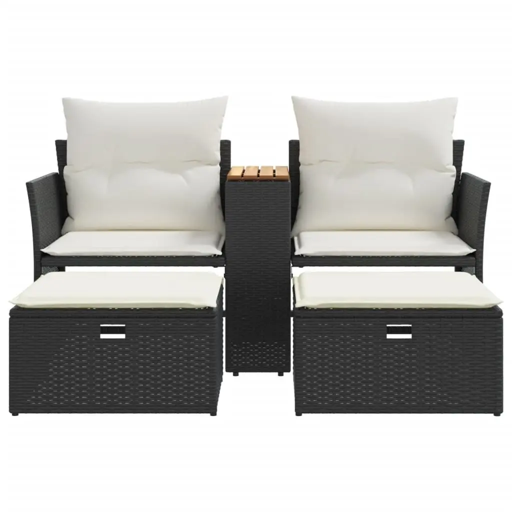 Black Poly Rattan Outdoor Patio Furniture 2-Seater Garden Sofa with Central Table and Stools