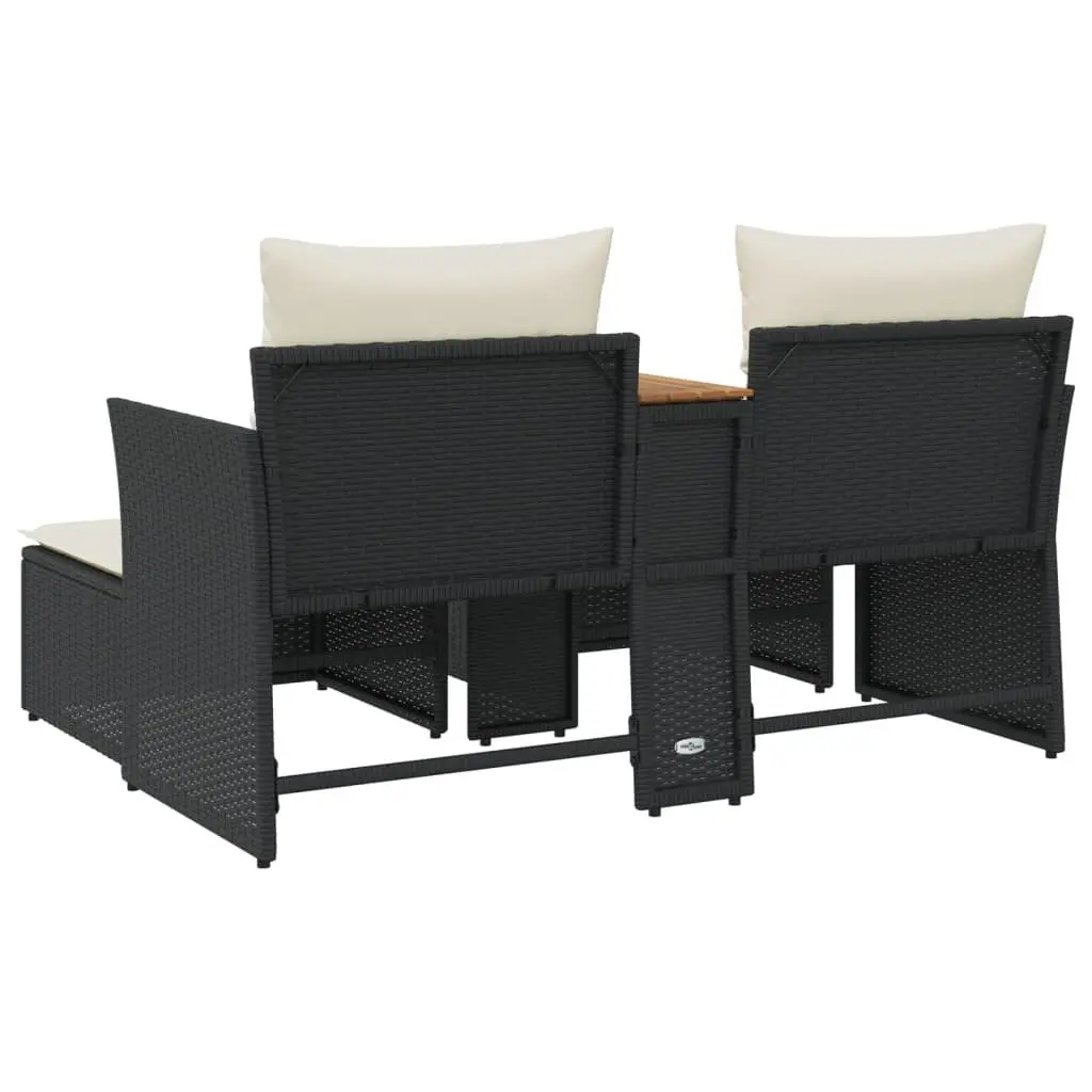 Black Poly Rattan Outdoor Patio Furniture 2-Seater Garden Sofa with Central Table and Stools