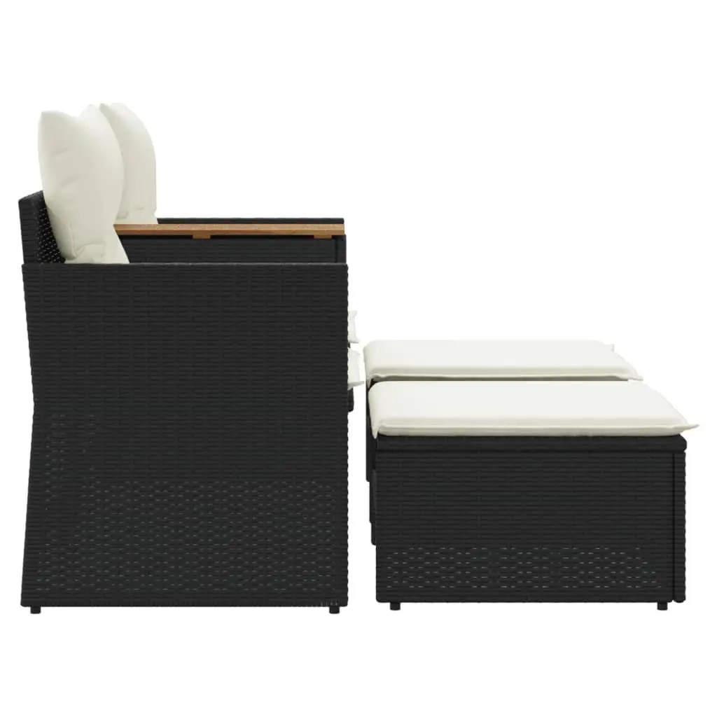 Black Poly Rattan Outdoor Patio Furniture 2-Seater Garden Sofa with Central Table and Stools