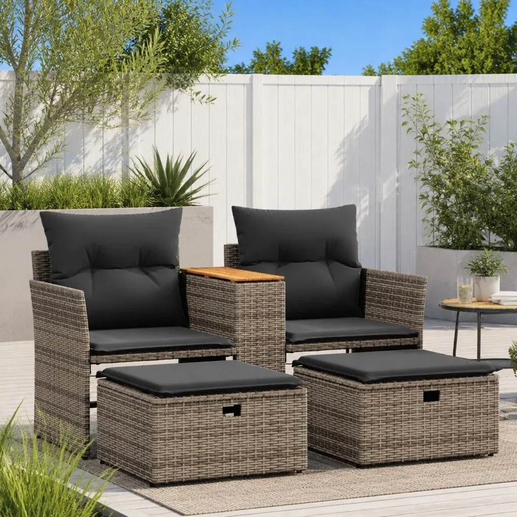 Garden Sofa 2-Seater with Stools Grey Poly Rattan Outdoor Patio Furniture
