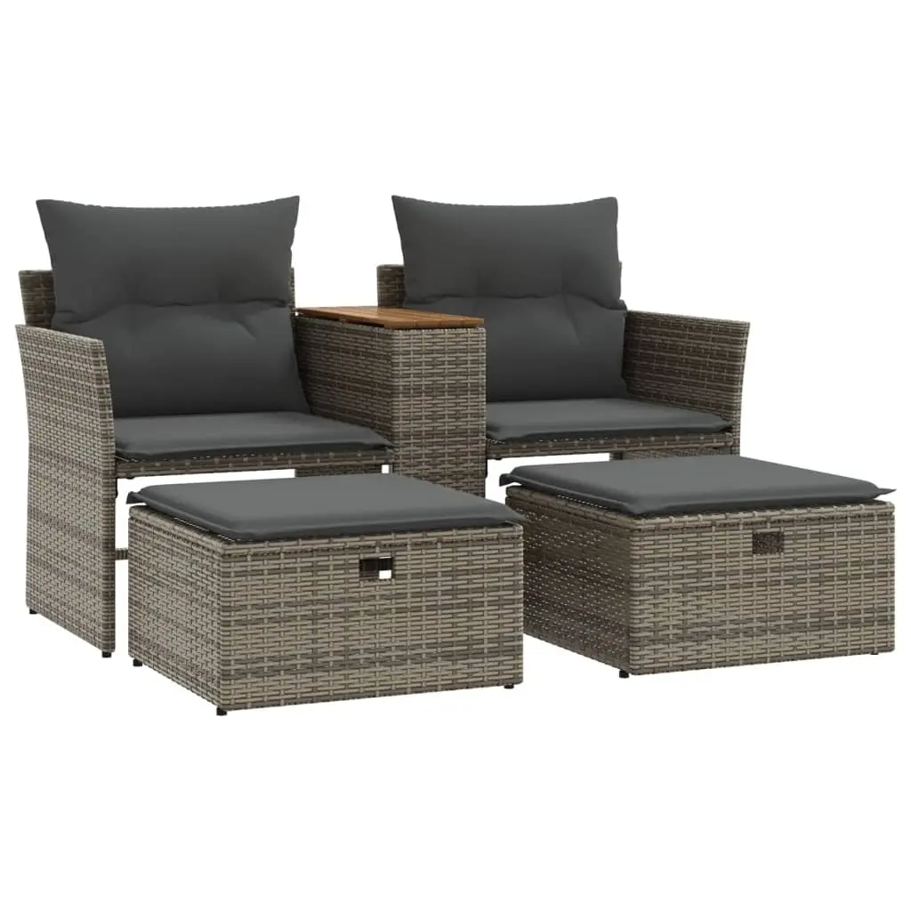 Garden Sofa 2-Seater with Stools Grey Poly Rattan Outdoor Patio Furniture
