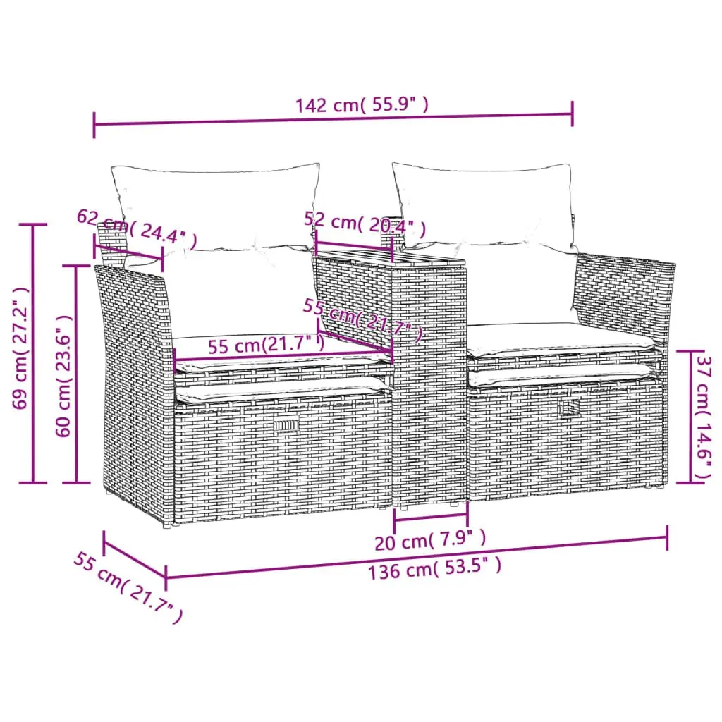 Garden Sofa 2-Seater with Stools Grey Poly Rattan Outdoor Patio Furniture