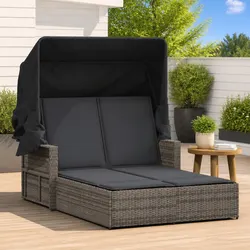 Double Sun Lounger with Retractable Canopy - Grey PE Rattan