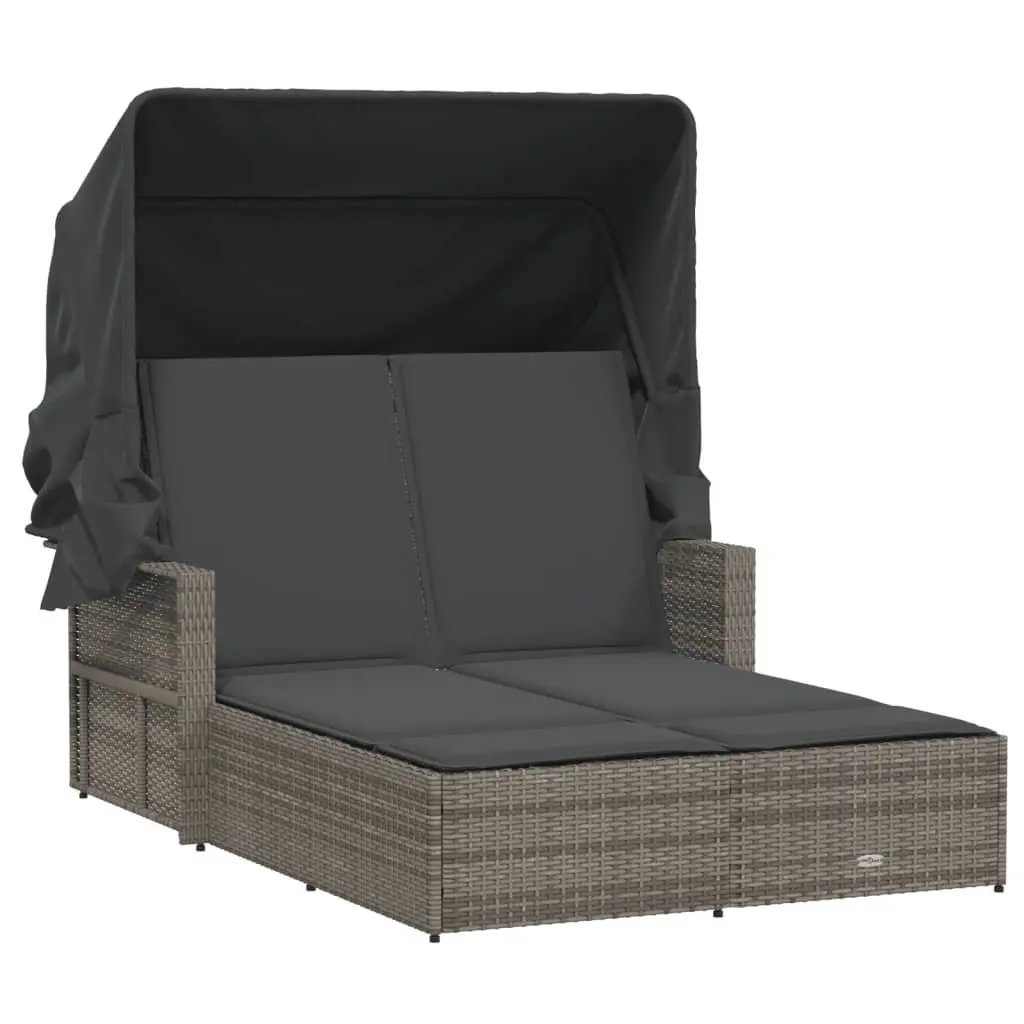 Double Sun Lounger Outdoor Seating Grey with Retractable Canopy and Cushions