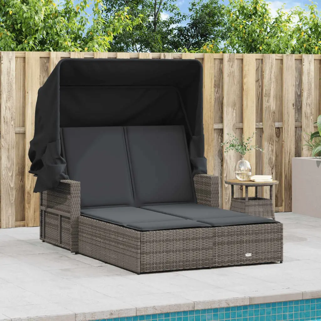 Double Sun Lounger Outdoor Seating Grey with Retractable Canopy and Cushions