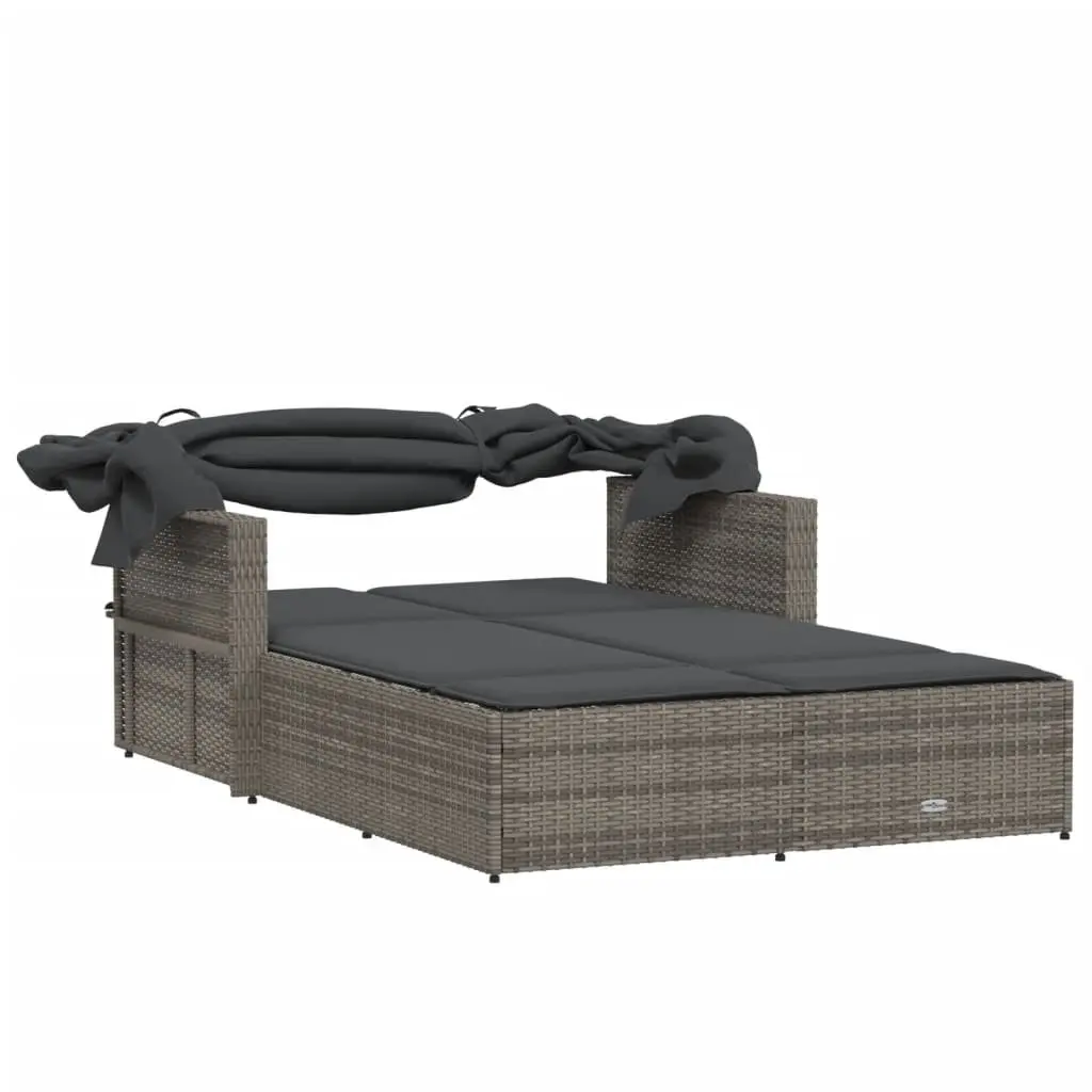 Double Sun Lounger Outdoor Seating Grey with Retractable Canopy and Cushions