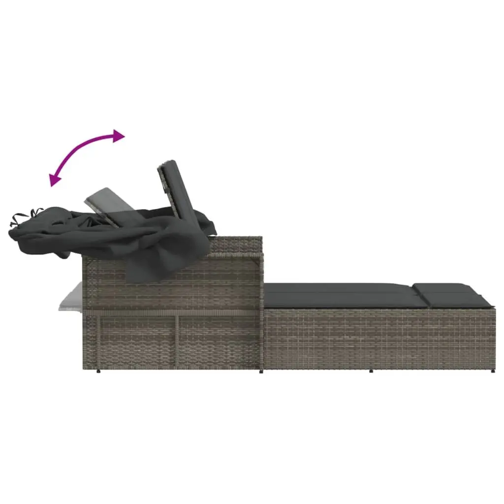 Double Sun Lounger Outdoor Seating Grey with Retractable Canopy and Cushions