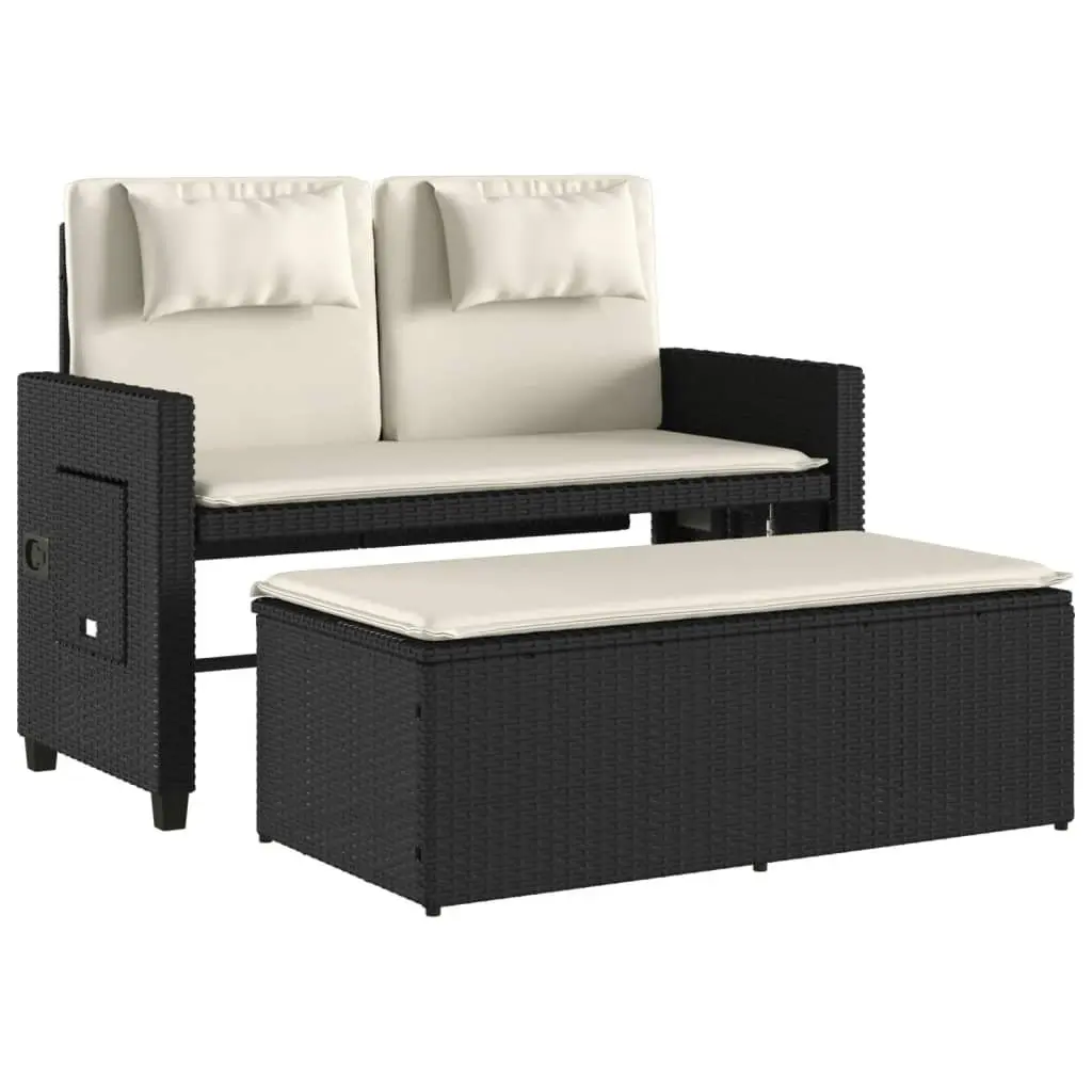 Reclining Outdoor Garden Bench 2-in-1 Loveseat Sofa Bed with Cushions Black