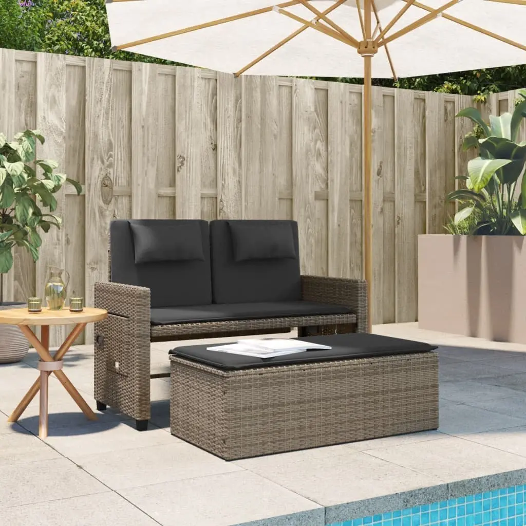 Reclining Garden Bench Outdoor Loveseat Sofa Bed Grey Poly Rattan 2-in-1 Armrest