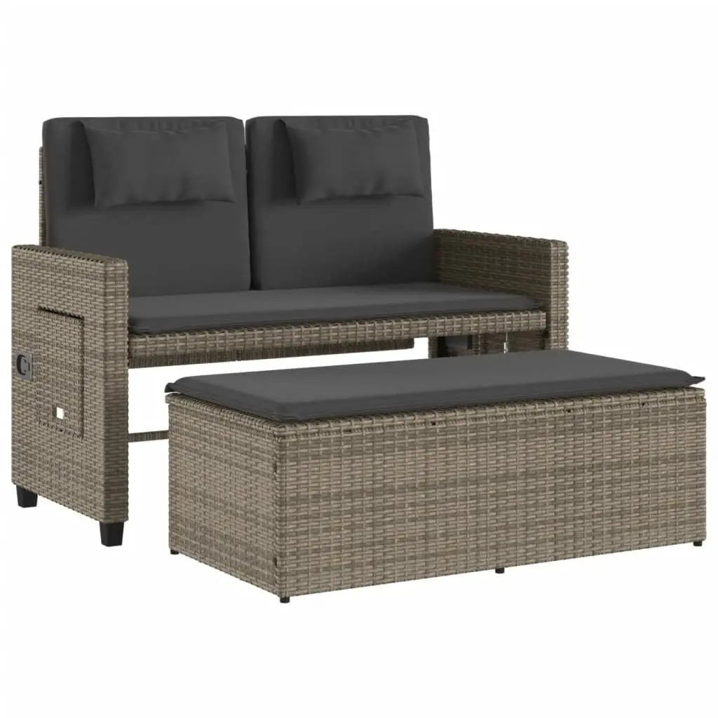 Reclining Garden Bench Outdoor Loveseat Sofa Bed Grey Poly Rattan 2-in-1 Armrest