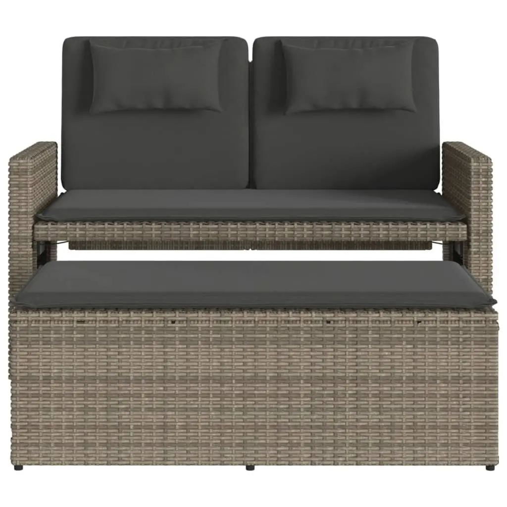 Reclining Garden Bench Outdoor Loveseat Sofa Bed Grey Poly Rattan 2-in-1 Armrest
