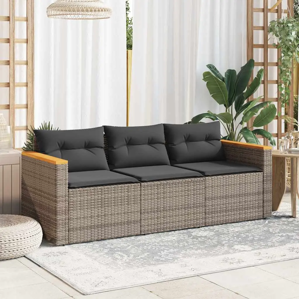 3-Seater Garden Sofa Outdoor Lounge Grey Poly Rattan with Cushions Patio