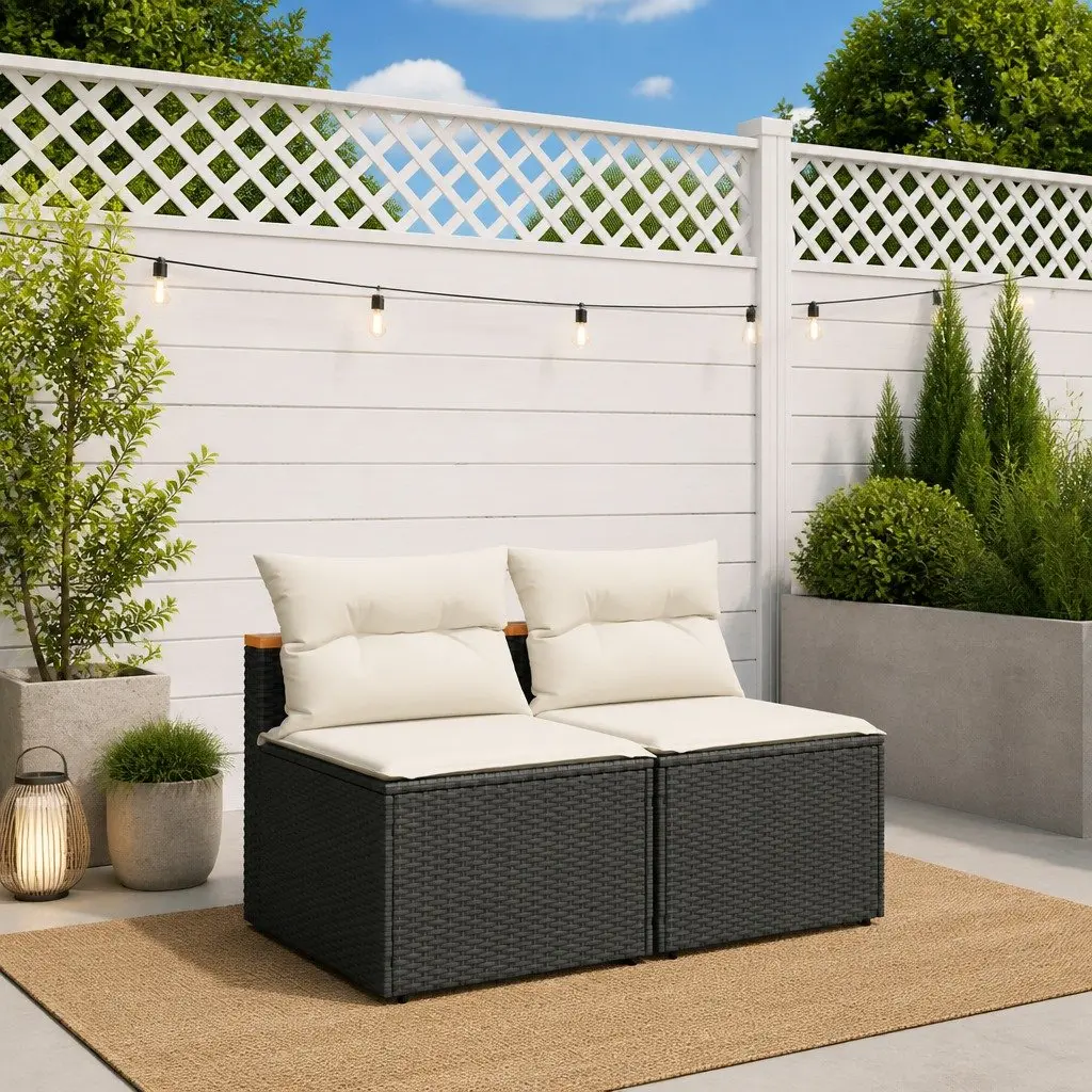 Modular Armless Sofas for Outdoor Garden Seating Black Rattan with Cushions 2 Pieces