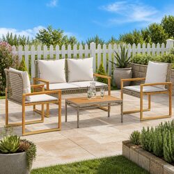 4 Piece Garden Lounge Set with Beige Poly Rattan and Cushions