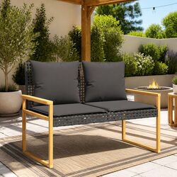 Garden Bench with Cushion Black Poly Rattan Outdoor Seating Furniture