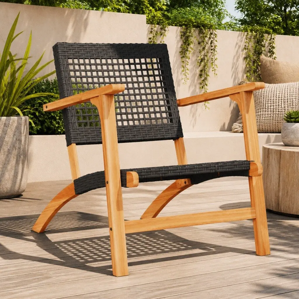 Garden Chairs Outdoor Patio 2 Piece Black Poly Rattan with Acacia Wood Arms