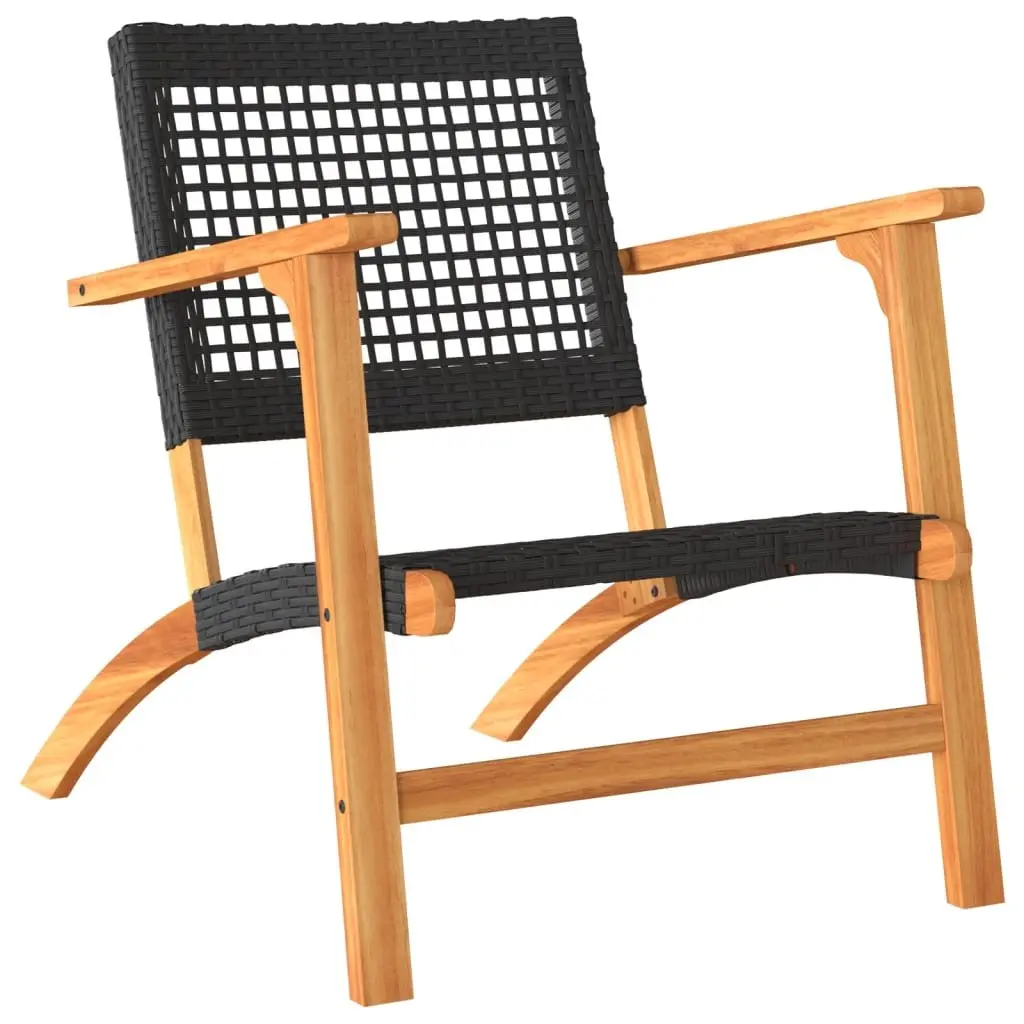 Garden Chairs Outdoor Patio 2 Piece Black Poly Rattan with Acacia Wood Arms