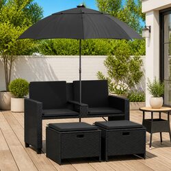 Outdoor Garden Sofa 2-Seater Black with Parasol and Footstools