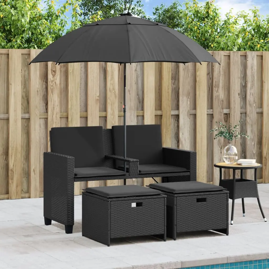 Garden Sofa Set for Outdoor Patio 2-Seater with Parasol and Stools Black Poly Rattan