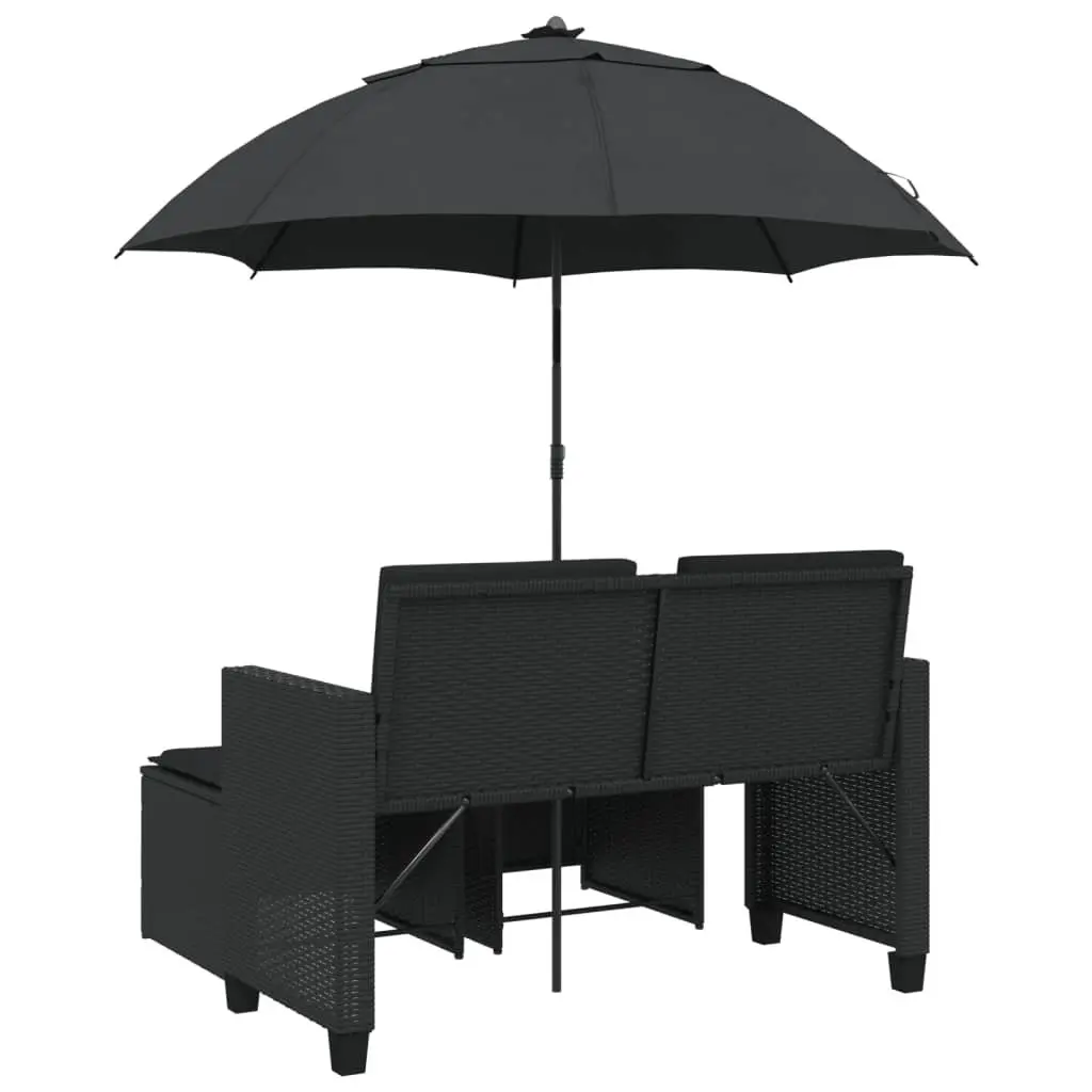 Garden Sofa Set for Outdoor Patio 2-Seater with Parasol and Stools Black Poly Rattan