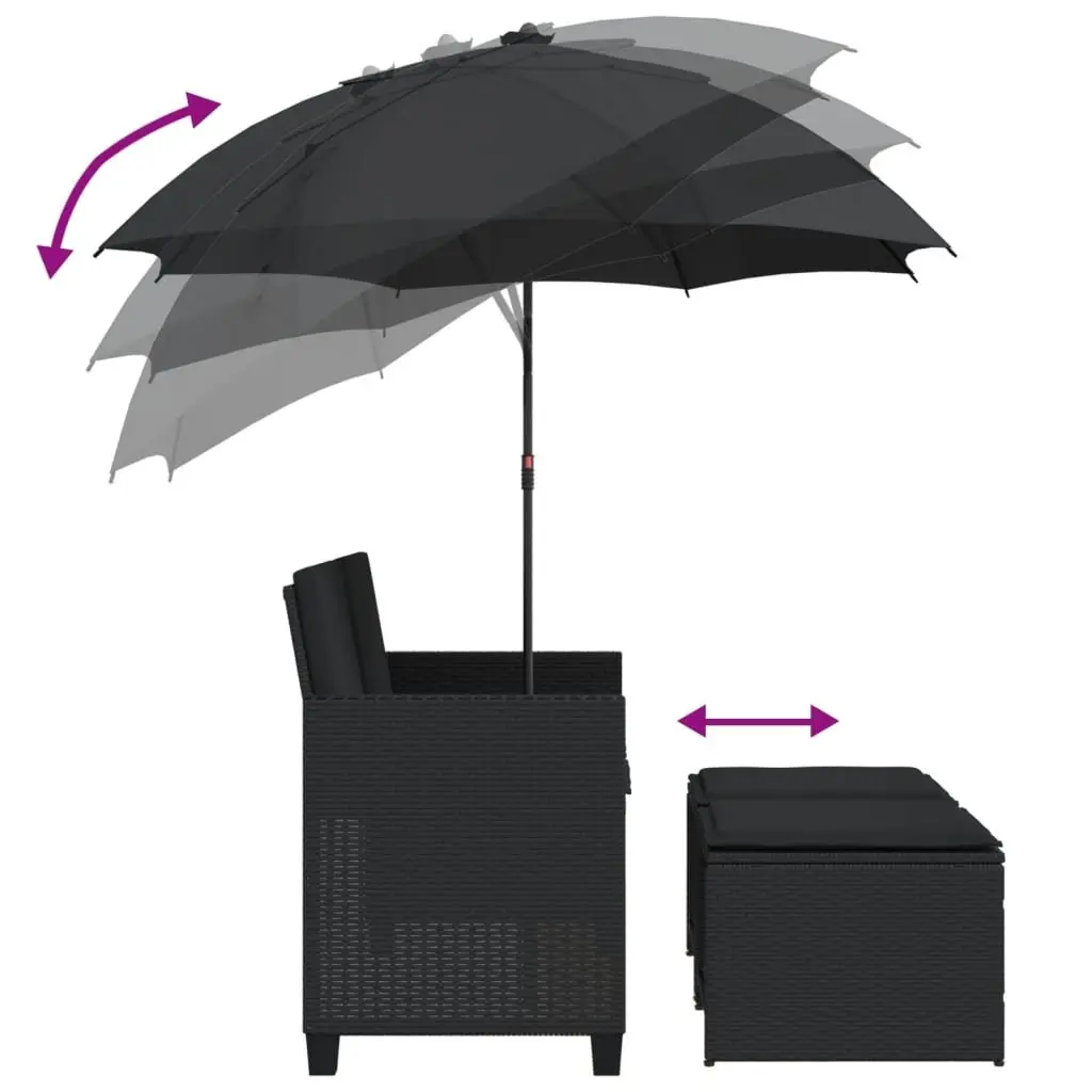 Garden Sofa Set for Outdoor Patio 2-Seater with Parasol and Stools Black Poly Rattan