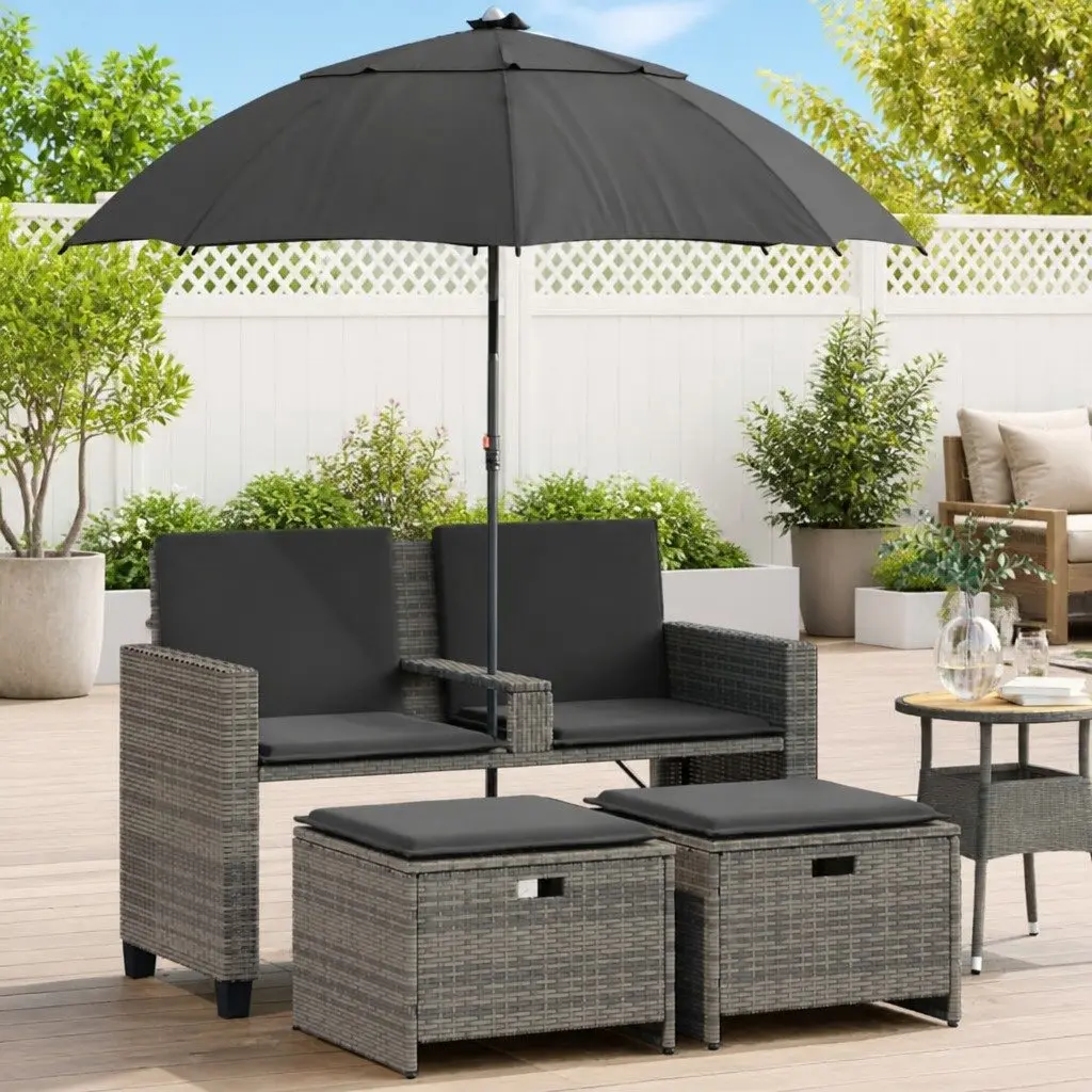 Garden Sofa 2-Seater Outdoor Patio Furniture with Parasol and Footstools Grey