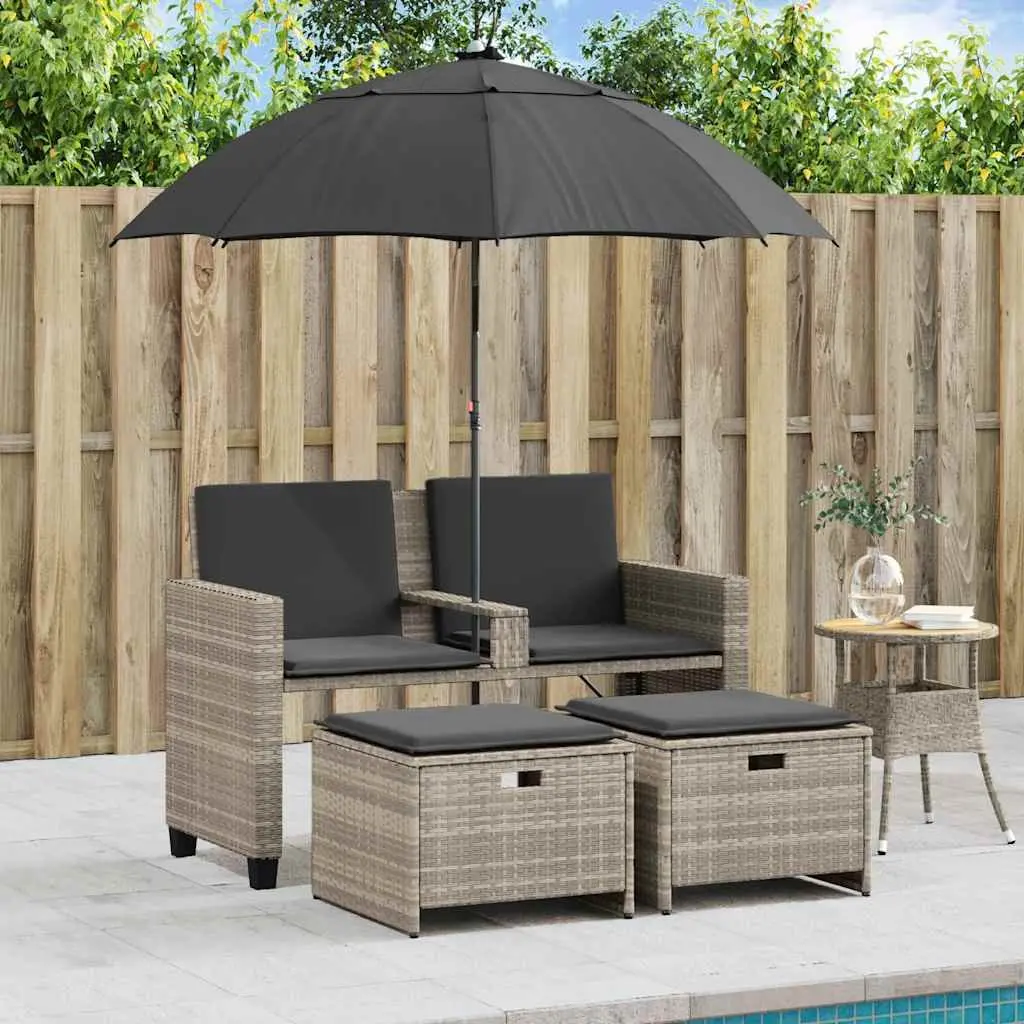 Outdoor Poly Rattan Garden Sofa Set Light Grey 2-Seater with Adjustable Parasol and Footstools for Patio or Terrace