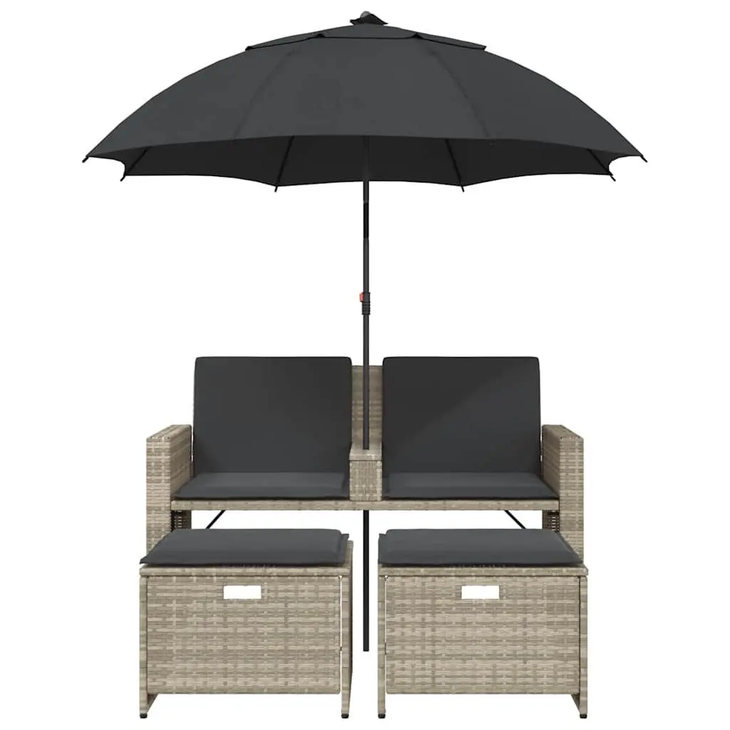 Outdoor Poly Rattan Garden Sofa Set Light Grey 2-Seater with Adjustable Parasol and Footstools for Patio or Terrace